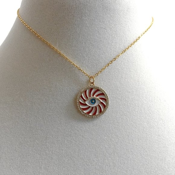 Gold Plated Evil Eye Cubic Zirconia Enamel Charm Pendant Necklace - Picture 6 of 6